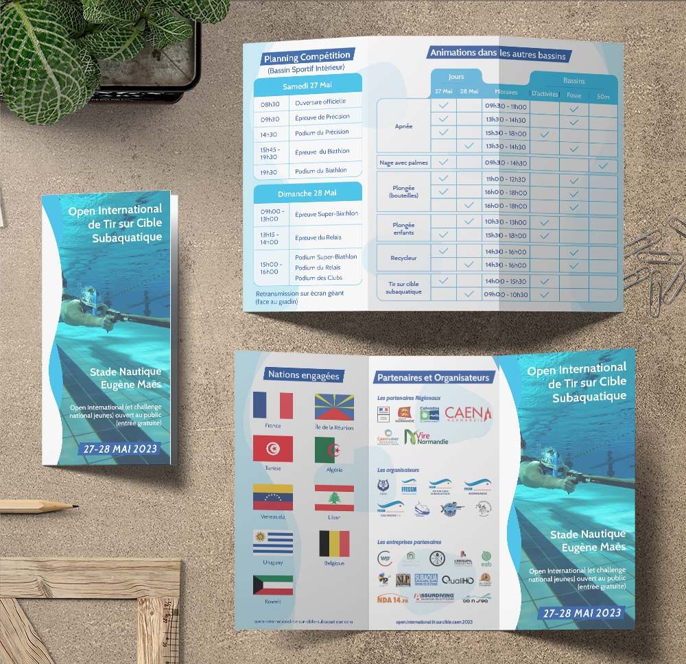 Flyer 3 volets pour le championnat du monde de Tir Subaquatique à Caen en Normandie