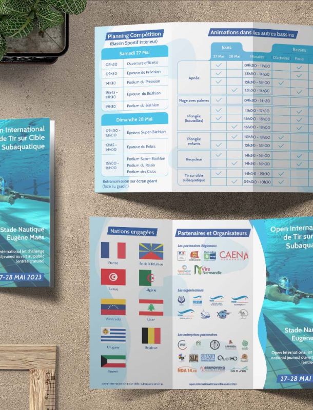 Flyer 3 volets pour le championnat du monde de Tir Subaquatique à Caen en Normandie